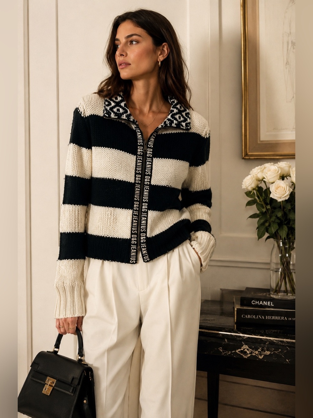 Dolce & Gabbana Black and Cream Striped Knit Zip Cardigan